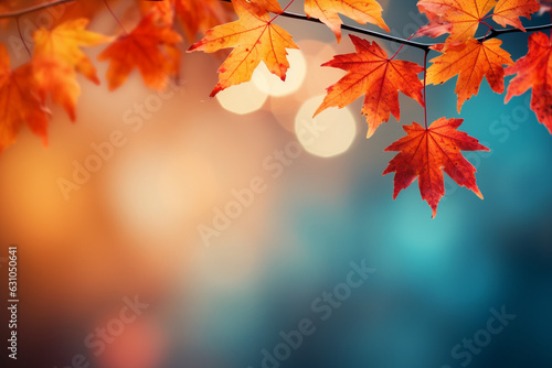 border of orange maple leaves on a branch with bokeh in the background  autumn vibes
