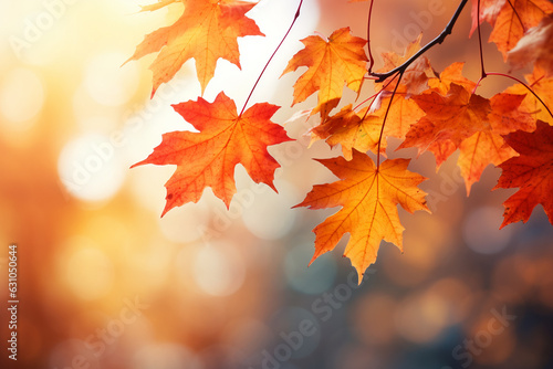 Obraz na plátně border of orange maple leaves on a branch with bokeh in the background, autumn v