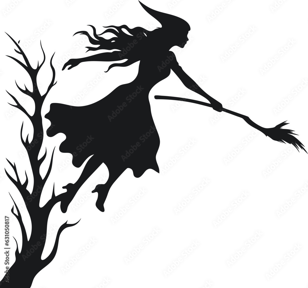 vector beautiful witch. flying witch with broom. black witch silhoutte