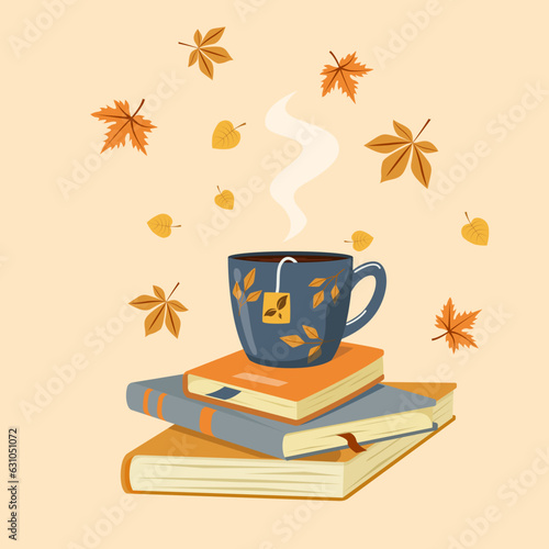 Vector autumn illustration of a cup of hot tea on books with falling autumn leaves. Cozy autumn. Autumn banner, image, postcard. 