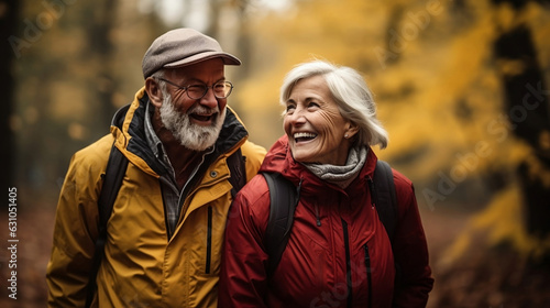 Joyful Senior Couple Walking in Autumn: Genuine Smiles Reflecting Happiness of Shared Moments. Generative Ai. 