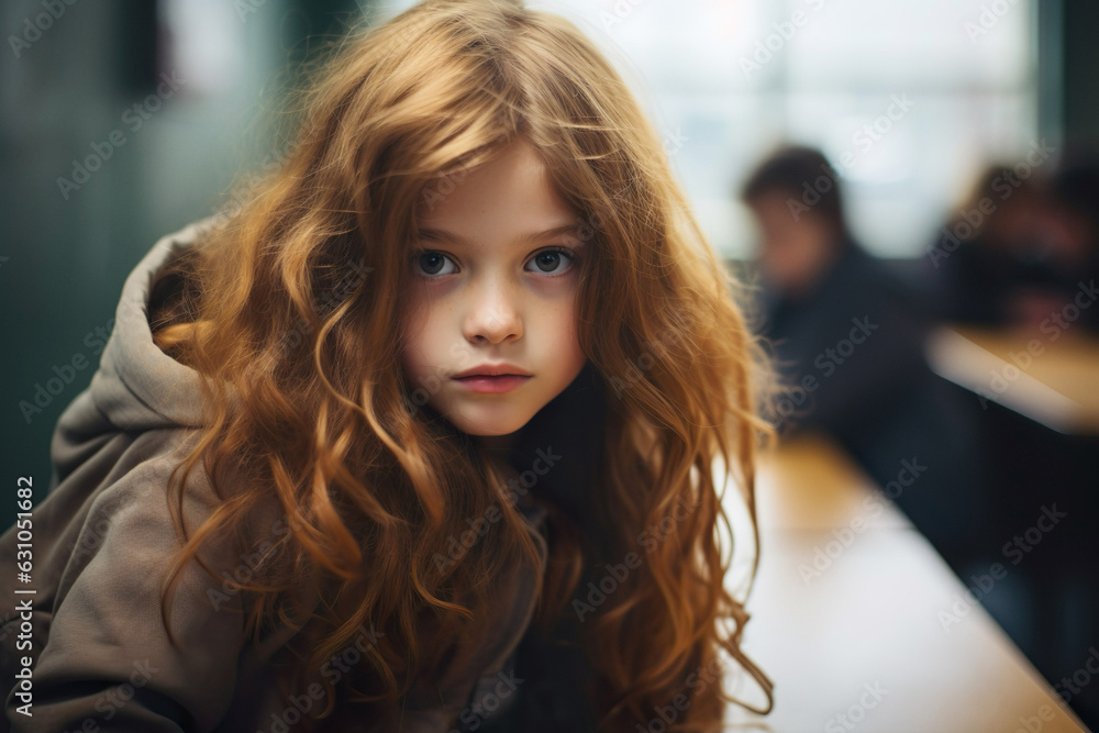 Little girl sitting in school and looking in camera. Beautiful girl in a classroom. First day at school Little girl sitting in school and looking in camera. Beautiful girl in a classroom. First day at school