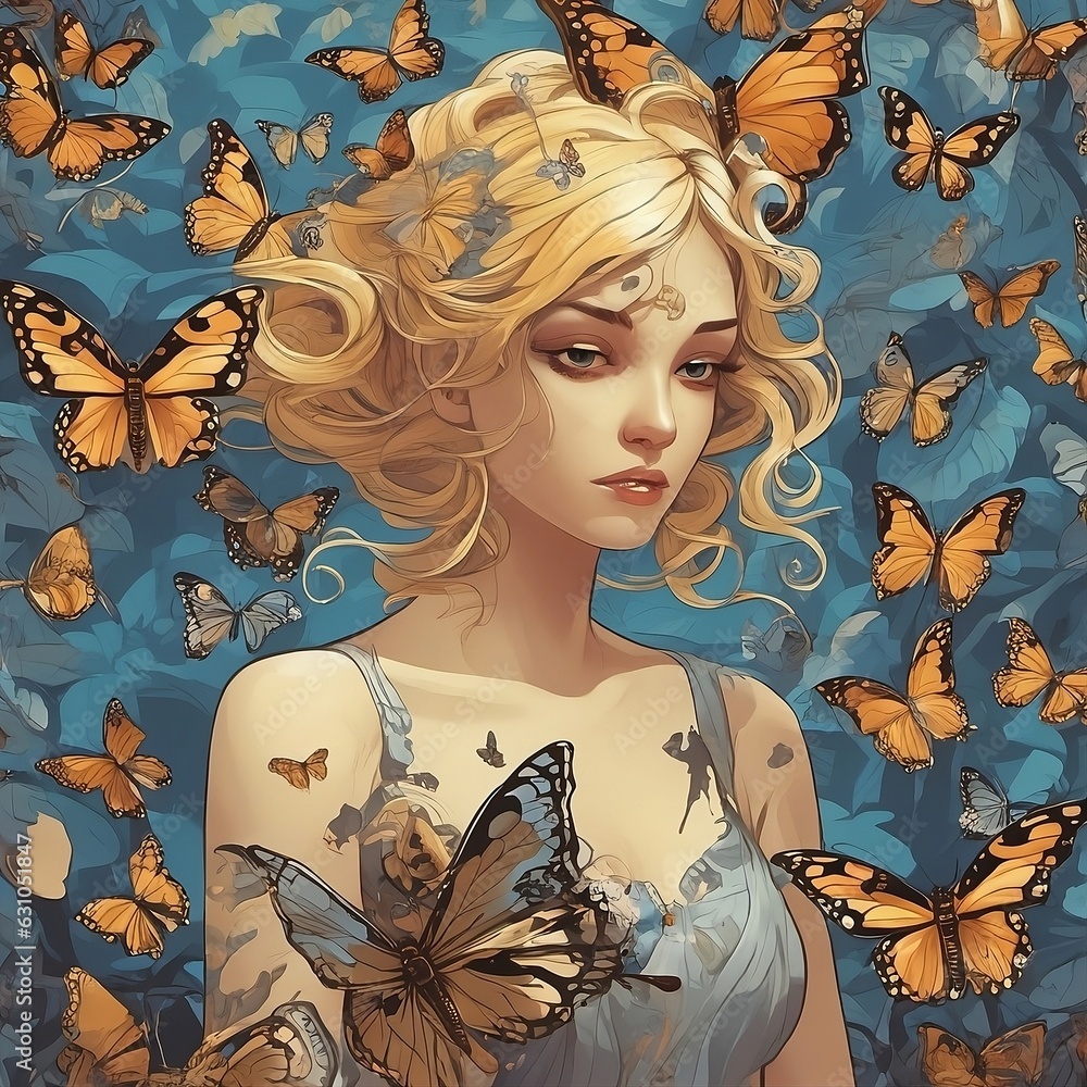 a woman with long blonde hair and butterflies. ai generated images