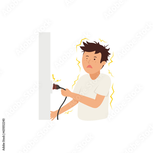 Young man receiving an electric shock after short circuit, Safety first, Danger electric plug with cable.