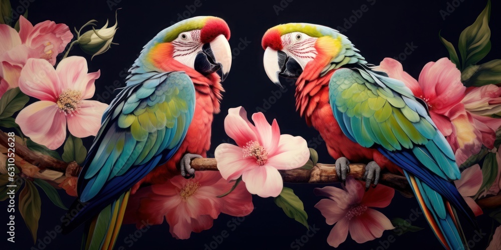 Two parrots on a branch with flowers blooming around them. for something tropical. Generative AI