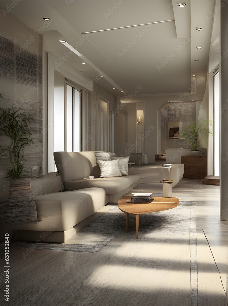 Fototapeta premium Realistic villa interior midcentury style design.