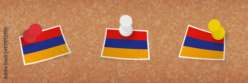 Armenia flag pinned in cork board, three versions of Armenia flag.