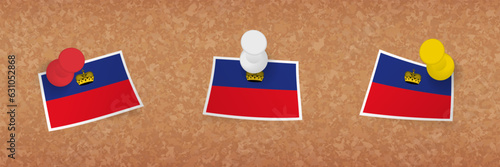Liechtenstein flag pinned in cork board, three versions of Liechtenstein flag.