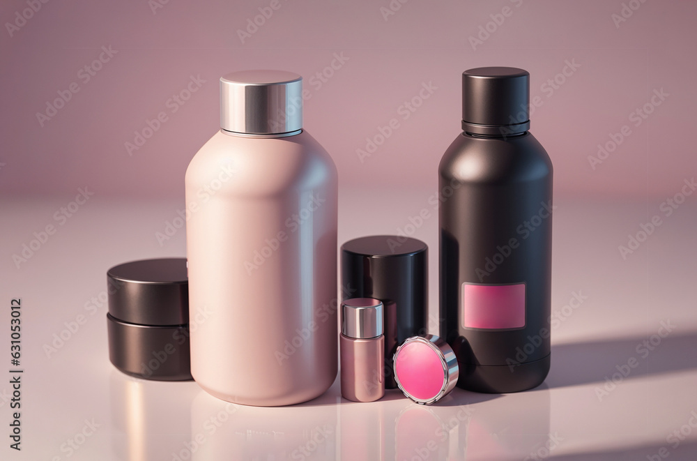 set of cosmetic products in black and pink colors on a white background set of cosmetic products in black and pink colors on a white background