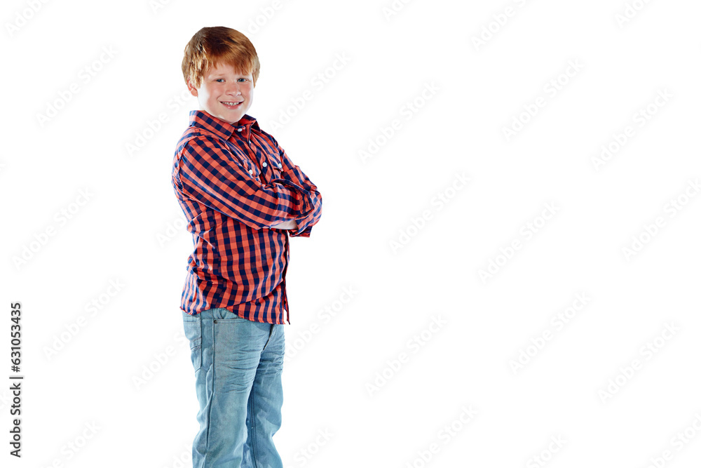 Ginger, fashion portrait and child with arms crossed isolated on transparent png background. Style, confidence or happy school kid or young boy in casual clothes, jeans or trendy student from Ireland Ginger, fashion portrait and child with arms crossed isolated on transparent png background. Style, confidence or happy school kid or young boy in casual clothes, jeans or trendy student from Ireland