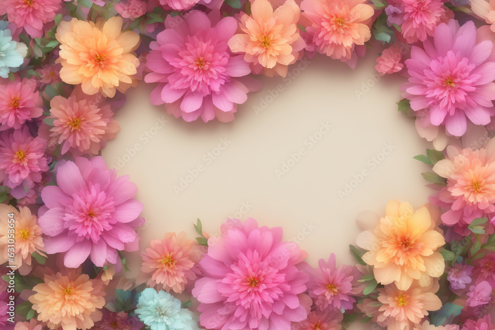 Flowers with Pastel Background. Flowers frame decor with beige colored background. Generative-AI.