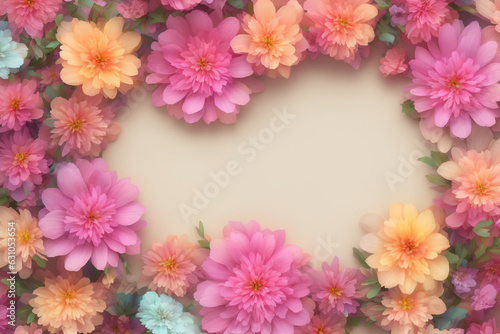 Flowers with Pastel Background. Flowers frame decor with beige colored background. Generative-AI. © elipsefx