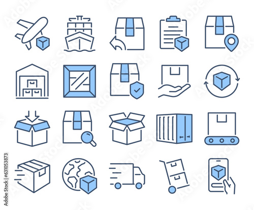 Shipping, tracking, and delivery blue editable stroke outline icons set isolated on white background flat vector illustration. Pixel perfect. 64 x 64.