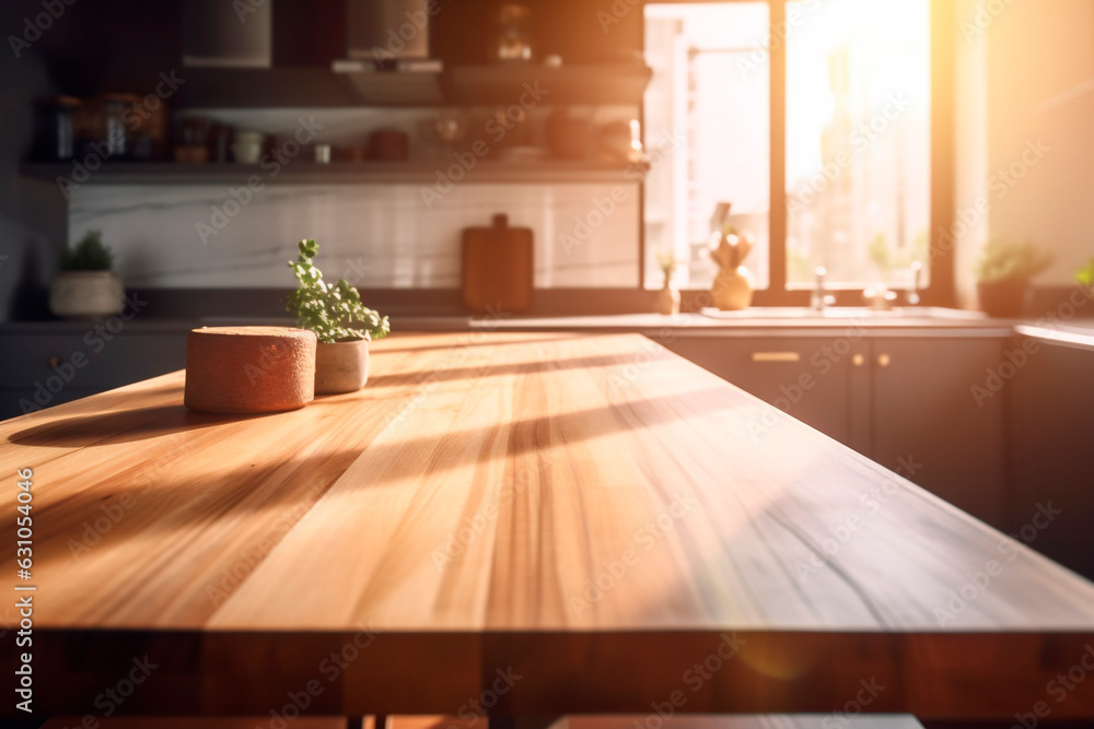 Beautiful empty brown wooden table top with the background blurred defocused of a modern kitchen interior with daylight flare and product montage display. Generative AI Beautiful empty brown wooden table top with the background blurred defocused of a modern kitchen interior with daylight flare and product montage display. Generative AI