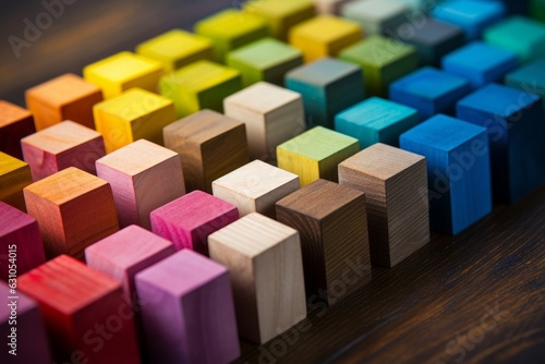 Spectrum of colorful wooden blocks aligned on a rustic old wood table. Japanese Color set. Background or cover for something creative, diverse, and in multiple variations. Generative AI