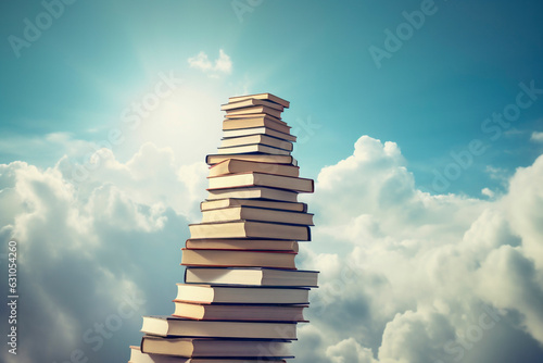 Book stack with ladder on sky with clouds background. Ladder going on top of huge stack of books. Education and growth concept. Generative AI