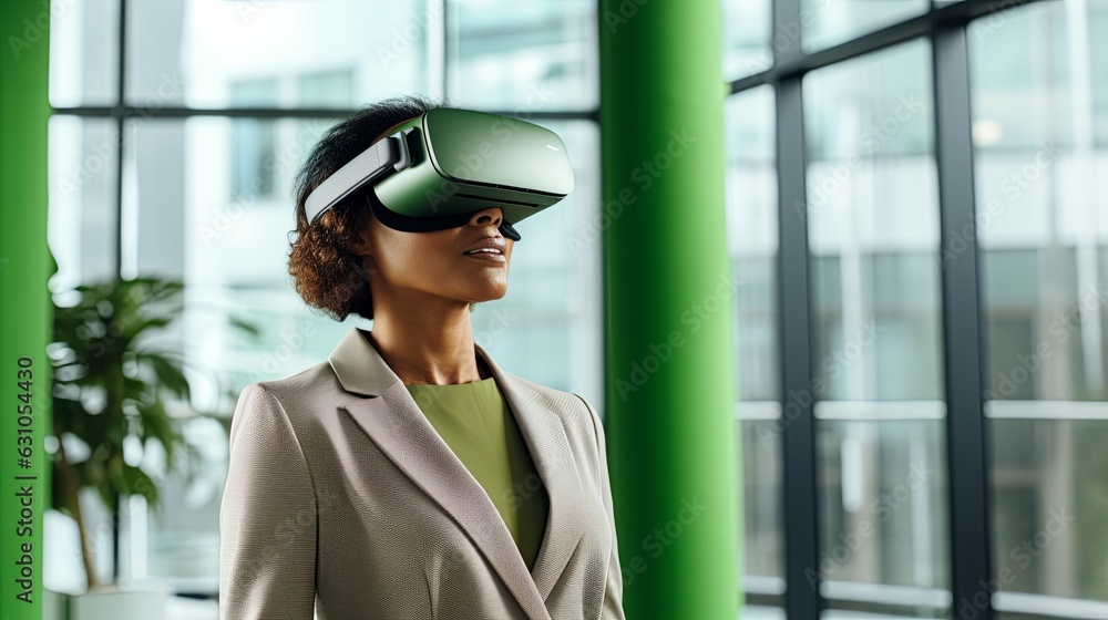Business woman in formal suit using vr device goggle virtual reality ai ...
