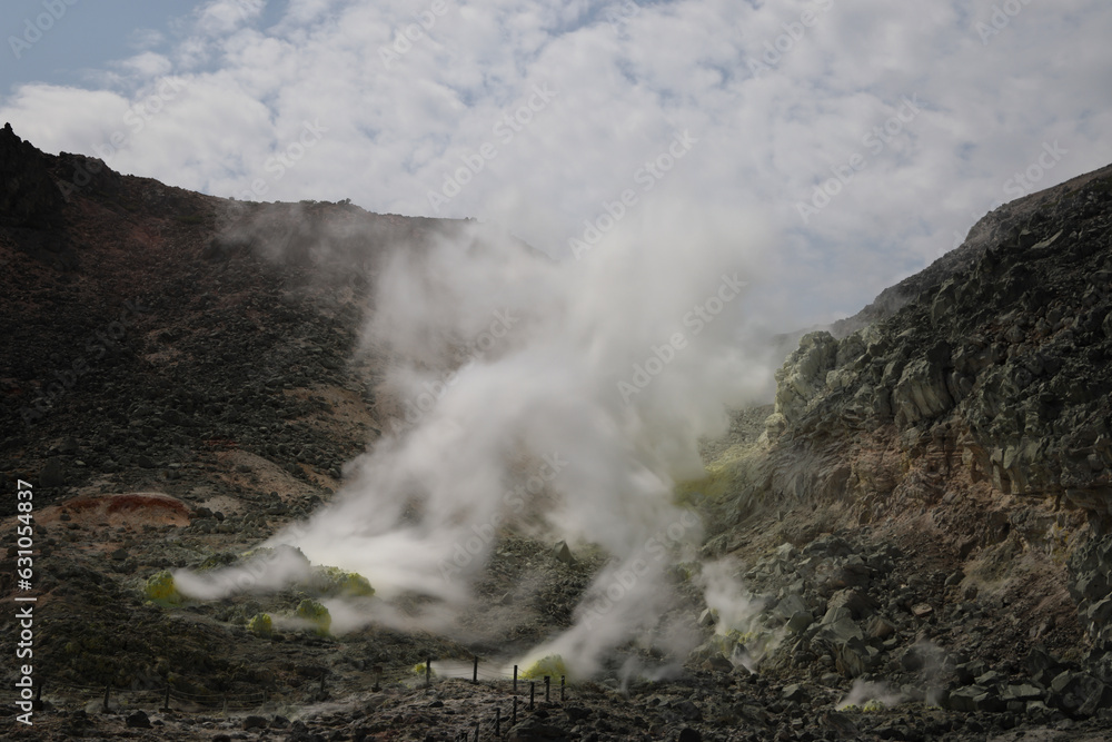 Sulphur pieces on Iozan (sulfur mountain) active volcano area, Akan National Park, Hokkaido, Japan