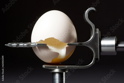 Under pressure.An egg cracking under pressure applied by squeezing clamps form the sides, Generative AI