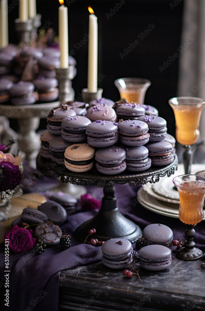 Purple macaroons on a dark background. Selective focus.