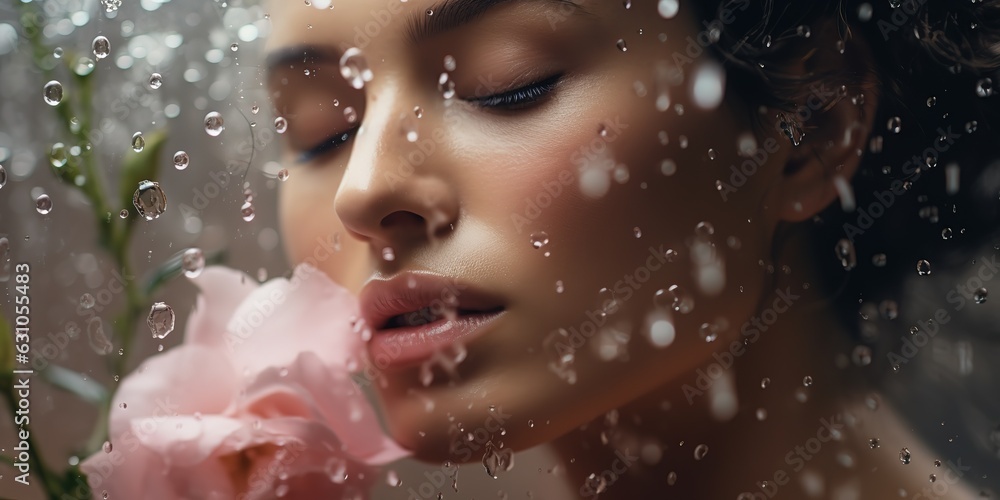 Beauty portrait of a woman with flowers and petals behind glass in raindrops.