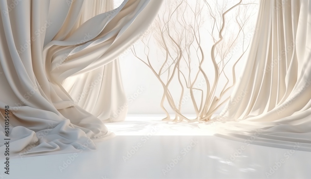 White curtains in the room with winter landscape.