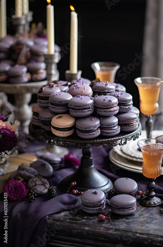 Purple macaroons on a dark background. Selective focus.