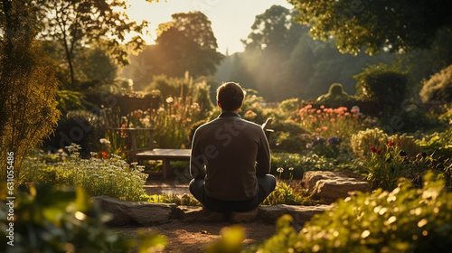 A person enjoying a moment of solitude in a peaceful garden, promoting mindfulness 