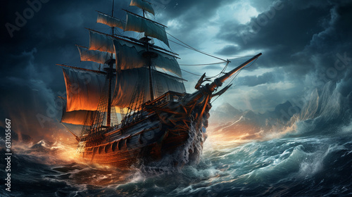 Cursed Pirate Ship Sailing on a Stormy Sea 
