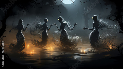 Chilling Ghostly Figures Dancing in the Moonlight 