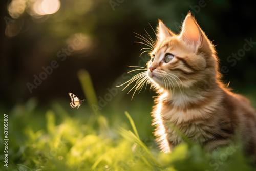 Adorable little tabby kitten laying in the grass outside