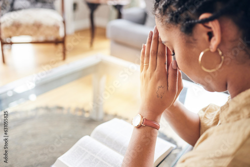 Photography Worship, bible and woman in living room praying, thank you and praise, mercy and blessing at home