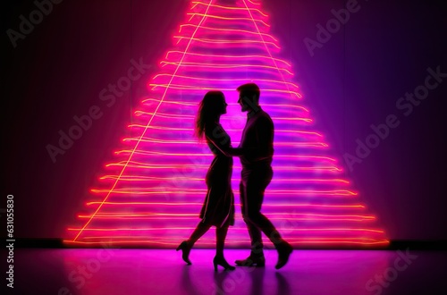 couple dancing in front of glowing Christmas tree on purple background