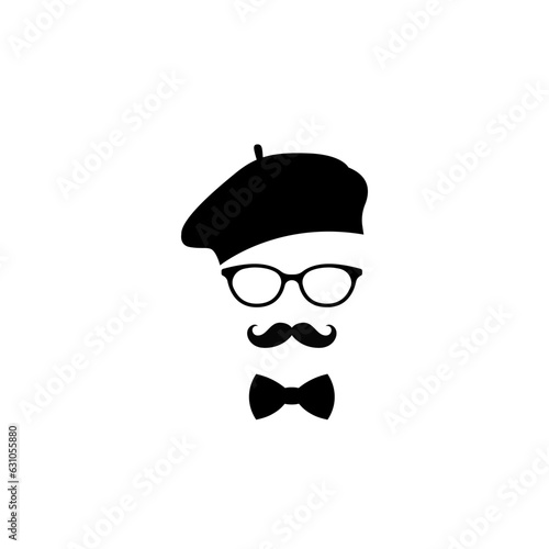 Frenchman in beret glasses with a mustache and bow tie.