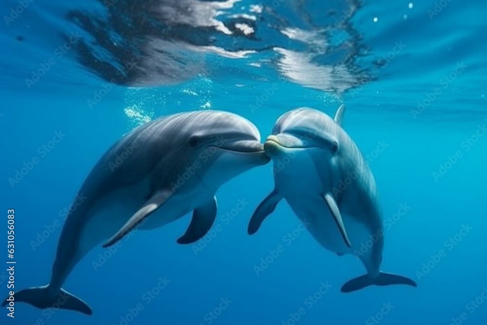 Naklejka premium Pair loving dolphins swimming. Generate Ai
