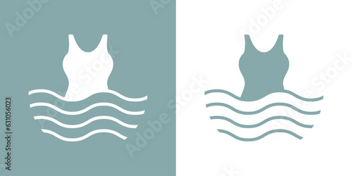 Logo vacaciones de verano. Silueta de traje de baño de mujer con olas de mar