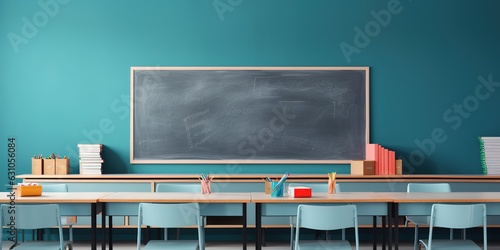 Fotografie, Obraz Empty interior of a school class with desks and chairs, space for text on the blackboard
