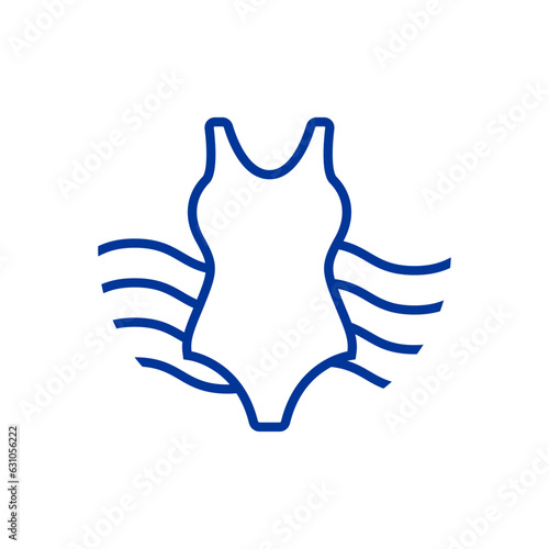 Logo vacaciones de verano. Silueta lineal de traje de baño de mujer con olas de mar