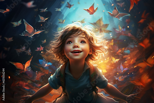 Childish fantasy, dream concept. Joyful surprised little child girl flying with butterflies
