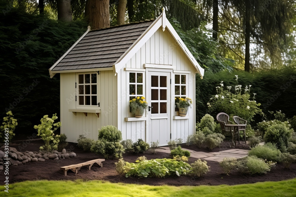 Patio garden shed plants pot. Generate Ai Patio garden shed plants pot. Generate Ai