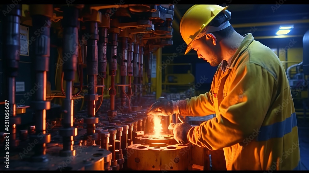 Two roughnecks working on oil rig platform drill floor UHD cinematic. Created with generative AI technology Two roughnecks working on oil rig platform drill floor UHD cinematic. Created with generative AI technology