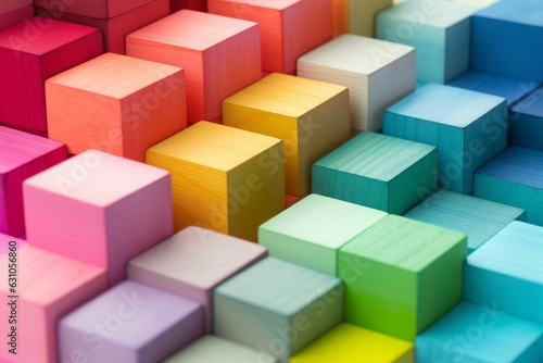 Spectrum of stacked multi-colored wooden blocks. Background or cover for something creative, diverse, expanding, rising or growing. On pure white, Generative AI