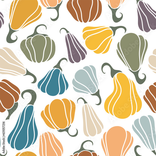 Fototapeta Naklejka Na Ścianę i Meble -  Colored pumpkin seamless pattern. Autumn background with green, blue, orange, beige Thanksgiving pumpkins. Fall season print for textile, packaging, design, vector illustration
