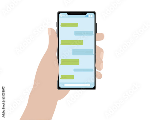 Phone in hand, chat, correspondence, WhatsApp, support, press the screen, print  illustration