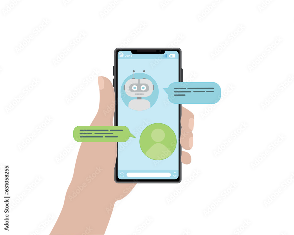 Phone in hand human hand correspondence robot correspondence help communication chat messenger phone screen vector illustration