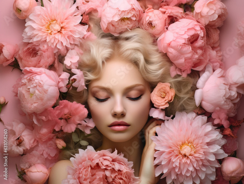 Beautiful young woman lying in a bed of pink peonies. © artem