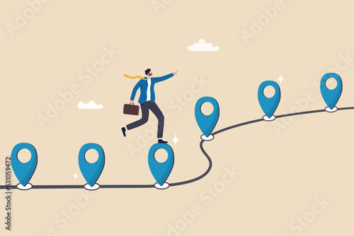Photo Roadmap, project milestone or business journey achievement, workflow or process timeline to success, step planning or progress concept, businessman run on milestone location pin on business roadmap