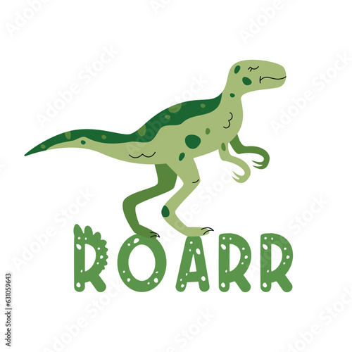 Vector hand drawn flat postcard with dinosaur. ROARR