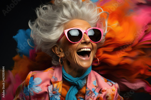 Grooving Grandmother: A Spirited Dance in Front of Colors