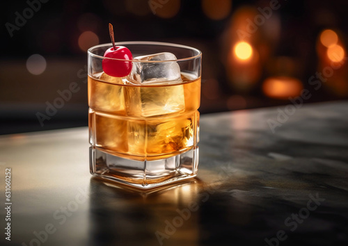 Whiskey sour cocktail with ice and cherry on bar counter.Macro.AI Generative